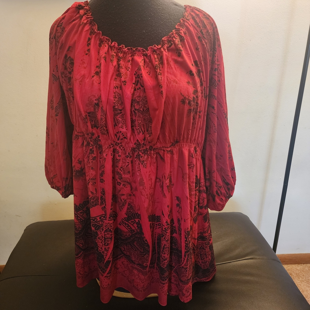 Elegant Red Blouse with Floral Design